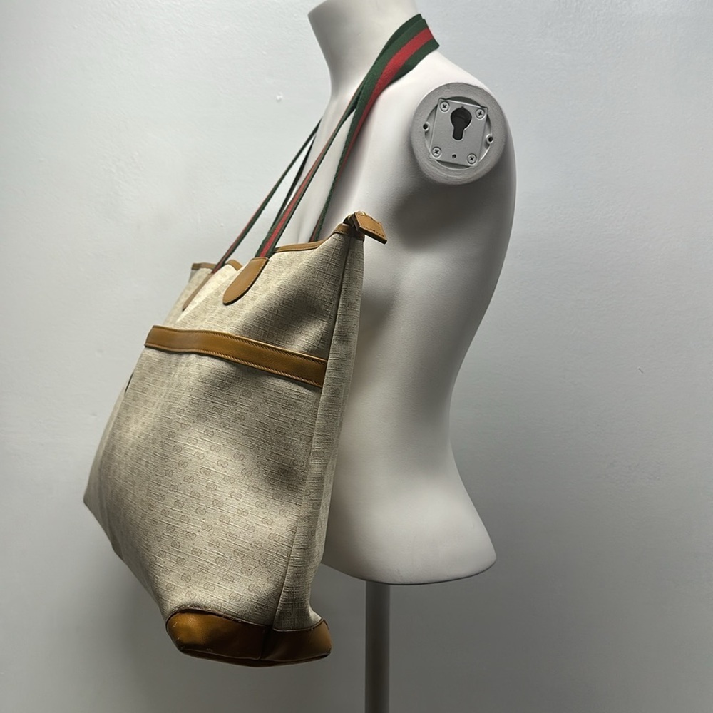 Gucci Signature East West Tote Shoulder Bag Purse Vintage 1980's Cream Tan Red - Picture 4 of 16
